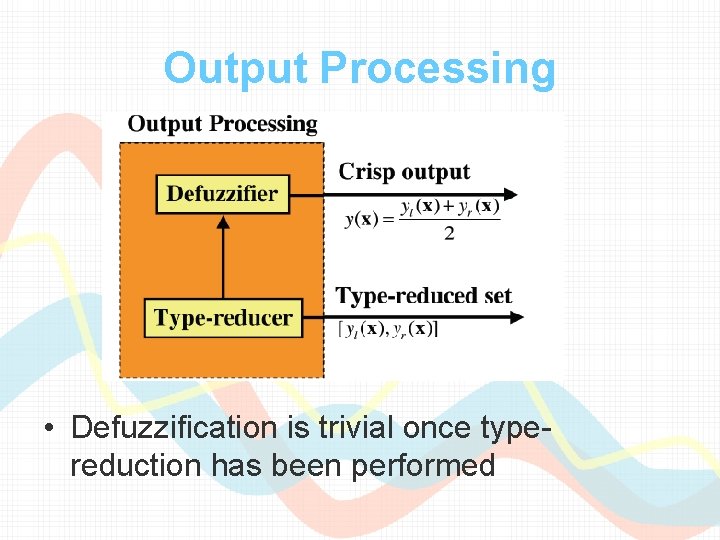 Output Processing • Defuzzification is trivial once typereduction has been performed Output Processing • Defuzzification is trivial once typereduction has been performed