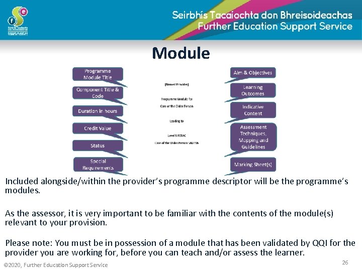 Module Included alongside/within the provider’s programme descriptor will be the programme’s modules. As the