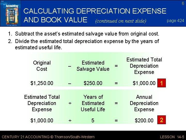 6 CALCULATING DEPRECIATION EXPENSE page 424 AND BOOK VALUE (continued on next slide) 1.