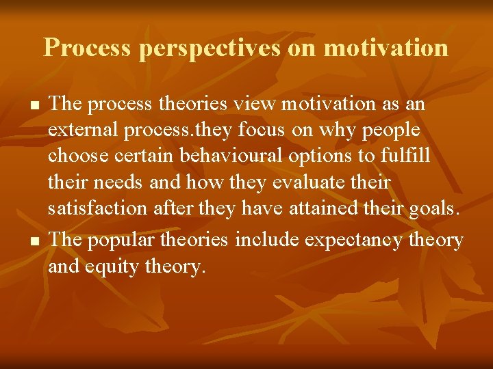 Process perspectives on motivation n n The process theories view motivation as an external