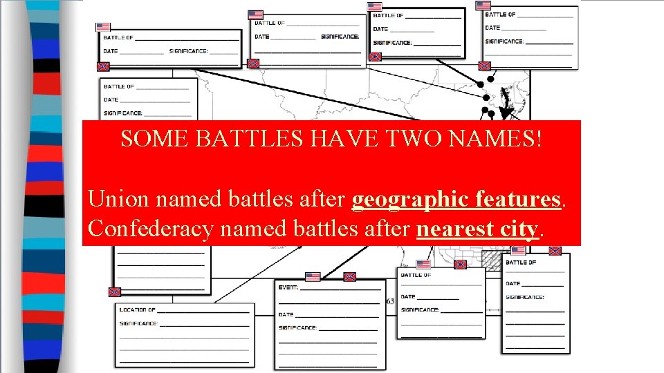 SOME BATTLES HAVE TWO NAMES! Union named battles after geographic features. Confederacy named battles