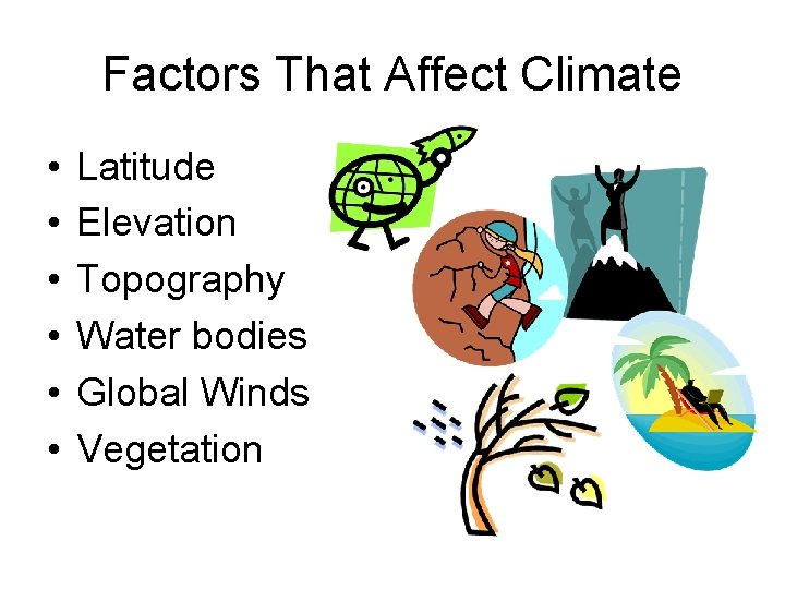 Factors That Affect Climate • • • Latitude Elevation Topography Water bodies Global Winds Factors That Affect Climate • • • Latitude Elevation Topography Water bodies Global Winds