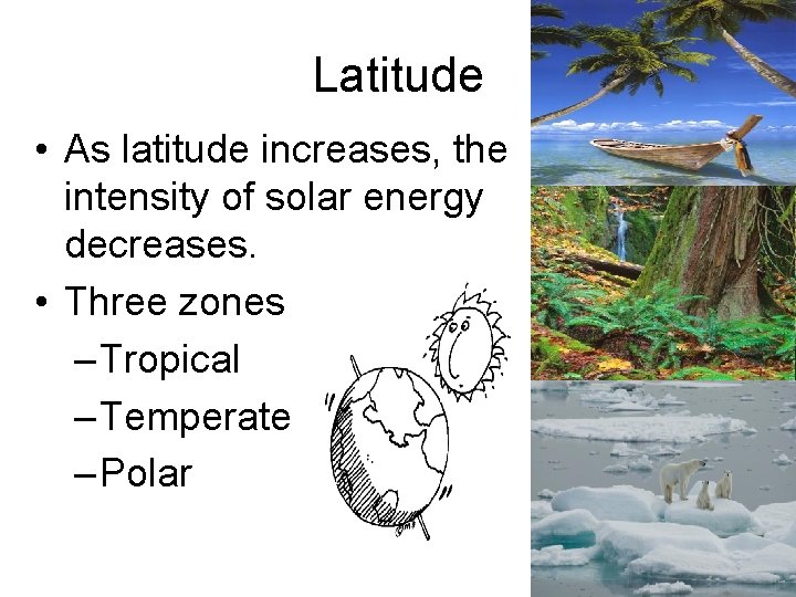 Latitude • As latitude increases, the intensity of solar energy decreases. • Three zones