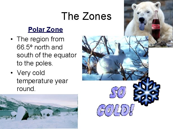 The Zones Polar Zone • The region from 66. 5º north and south of