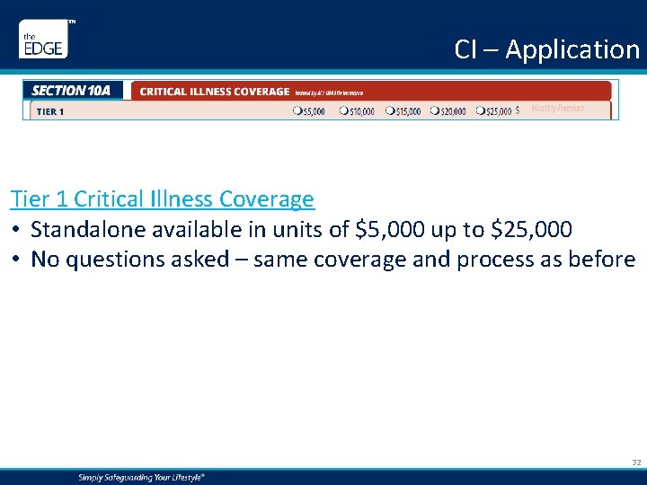 CI – Application Tier 1 Critical Illness Coverage • Standalone available in units of