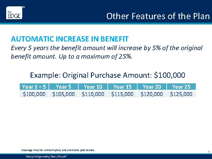 Other Features of the Plan AUTOMATIC INCREASE IN BENEFIT Every 5 years the benefit