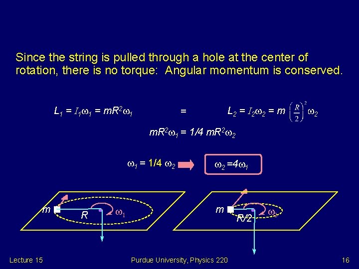 Since the string is pulled through a hole at the center of rotation, there