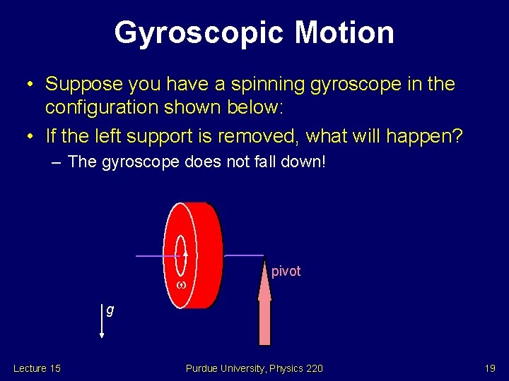 Gyroscopic Motion • Suppose you have a spinning gyroscope in the configuration shown below: