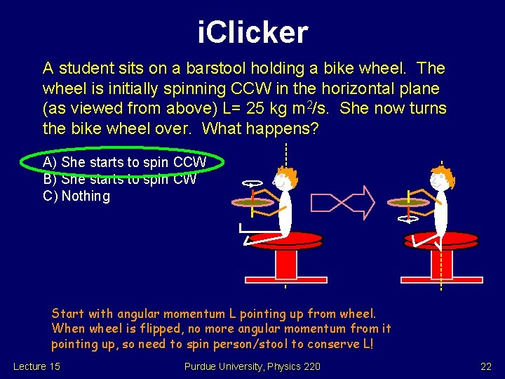 i. Clicker A student sits on a barstool holding a bike wheel. The wheel