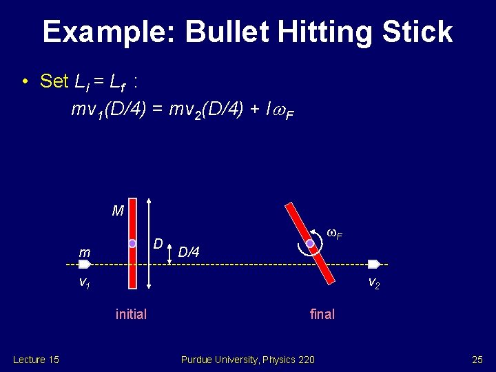 Example: Bullet Hitting Stick • Set Li = Lf : mv 1(D/4) = mv