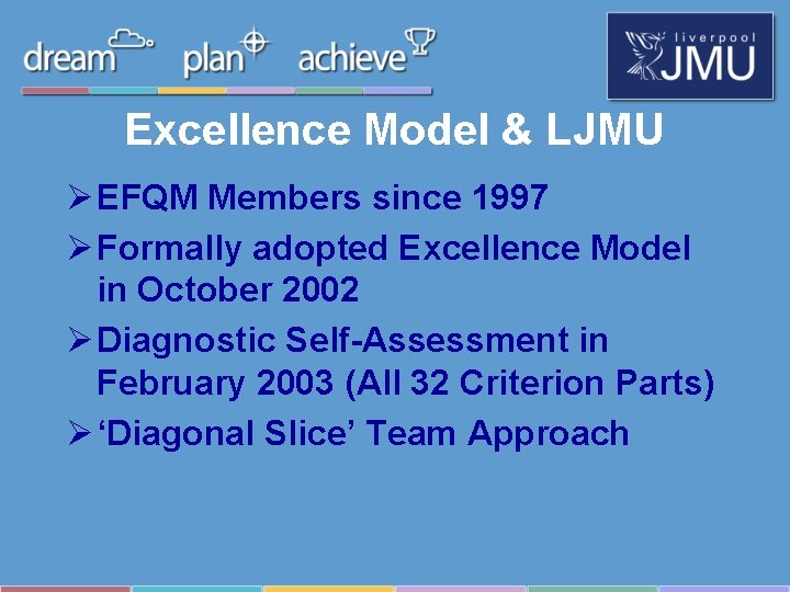 Excellence Model & LJMU Ø EFQM Members since 1997 Ø Formally adopted Excellence Model Excellence Model & LJMU Ø EFQM Members since 1997 Ø Formally adopted Excellence Model