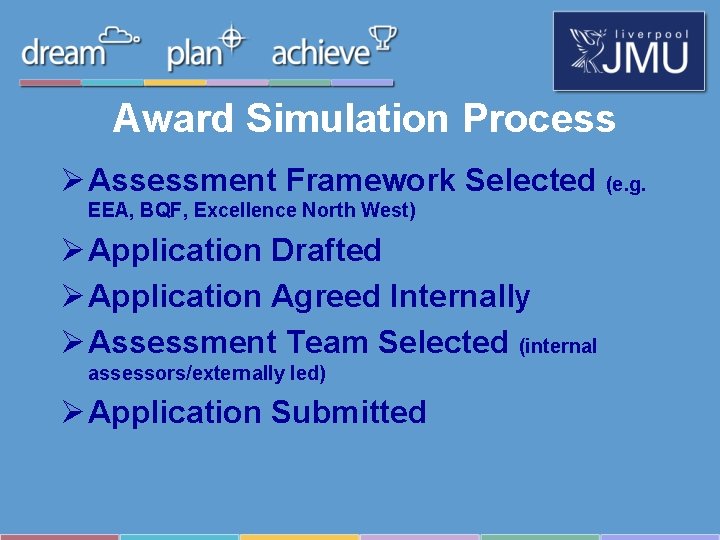 Award Simulation Process Ø Assessment Framework Selected (e. g. EEA, BQF, Excellence North West) Award Simulation Process Ø Assessment Framework Selected (e. g. EEA, BQF, Excellence North West)