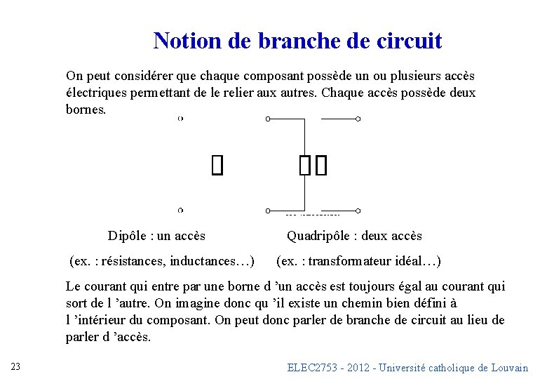 Notion de branche de circuit On peut considérer que chaque composant possède un ou