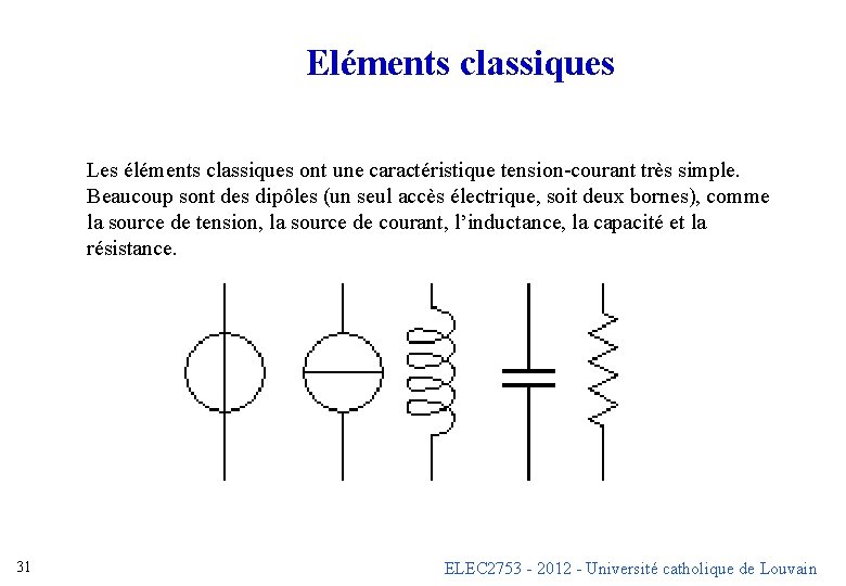 Eléments classiques Les éléments classiques ont une caractéristique tension-courant très simple. Beaucoup sont des