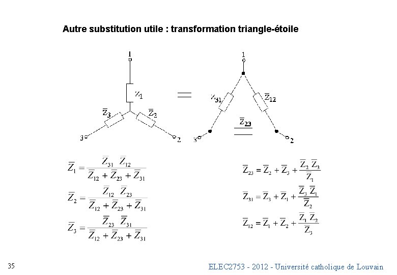 Autre substitution utile : transformation triangle-étoile 35 ELEC 2753 - 2012 - Université catholique