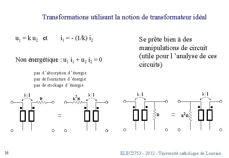 Transformations utilisant la notion de transformateur idéal u 1 = k u 2 et