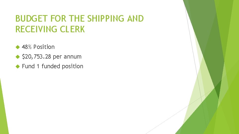 BUDGET FOR THE SHIPPING AND RECEIVING CLERK 48% Position $20, 753. 28 per annum