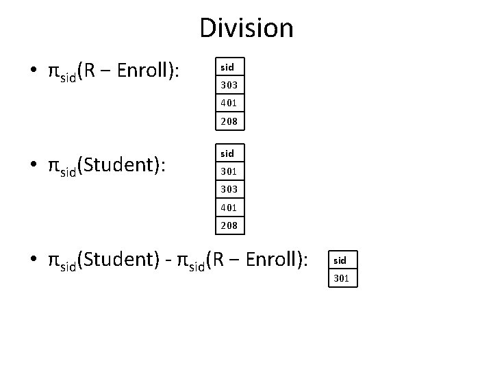 Division • πsid(R − Enroll): sid 303 401 208 • πsid(Student): sid 301 303