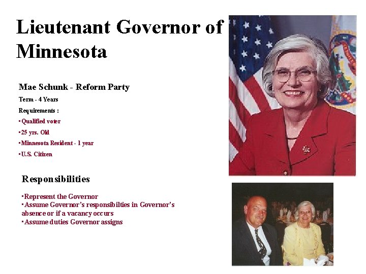 Lieutenant Governor of Minnesota Mae Schunk - Reform Party Term - 4 Years Requirements