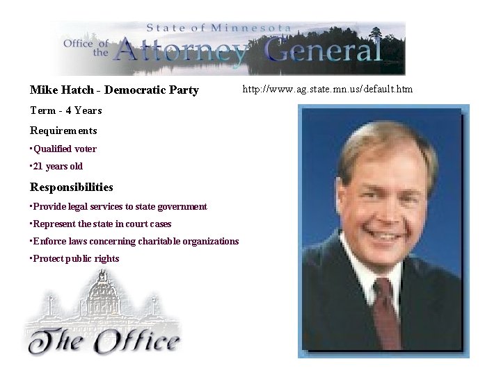 Attorney General Mike Hatch - Democratic Party Term - 4 Years Requirements • Qualified