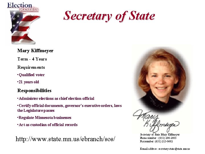 Secretary of State Mary Kiffmeyer Term - 4 Years Requirements • Qualified voter •