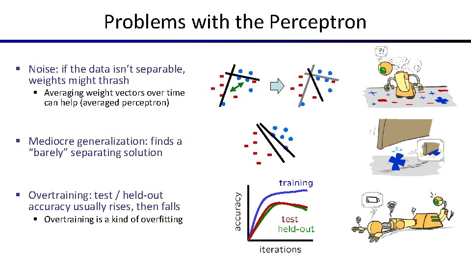 Problems with the Perceptron § Noise: if the data isn’t separable, weights might thrash