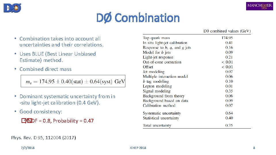 DØ Combination • Combination takes into account all uncertainties and their correlations. • Uses