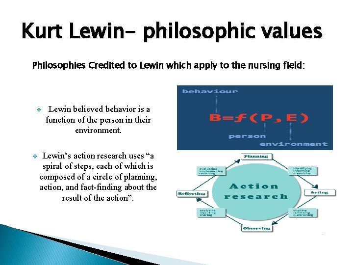 Kurt Lewin- philosophic values Philosophies Credited to Lewin which apply to the nursing field: