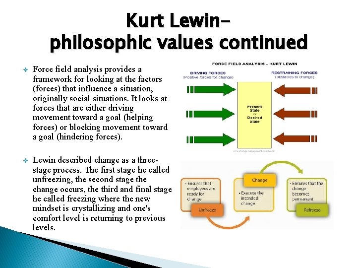 Kurt Lewinphilosophic values continued v Force field analysis provides a framework for looking at
