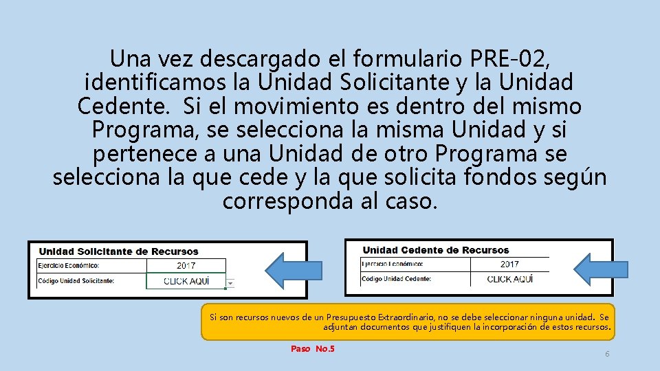 Una vez descargado el formulario PRE-02, identificamos la Unidad Solicitante y la Unidad Cedente.
