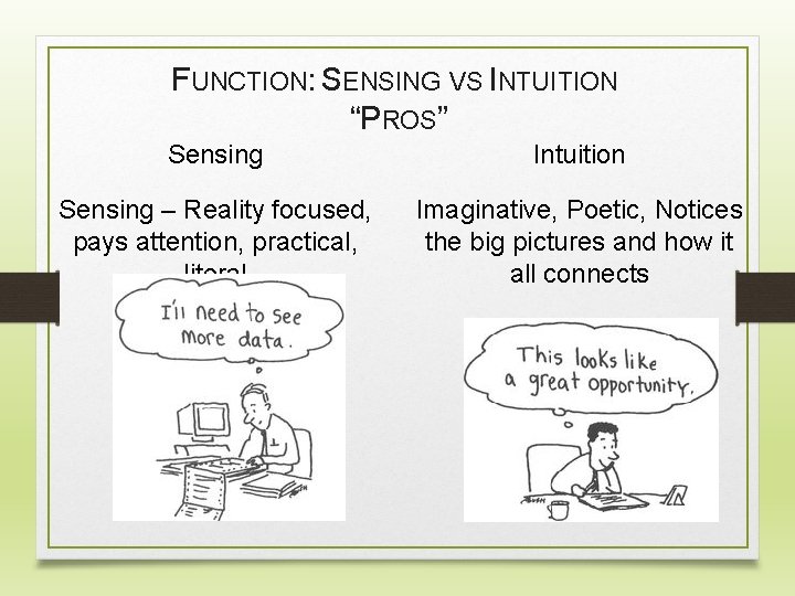 FUNCTION: SENSING VS INTUITION “PROS” Sensing Intuition Sensing – Reality focused, pays attention, practical,