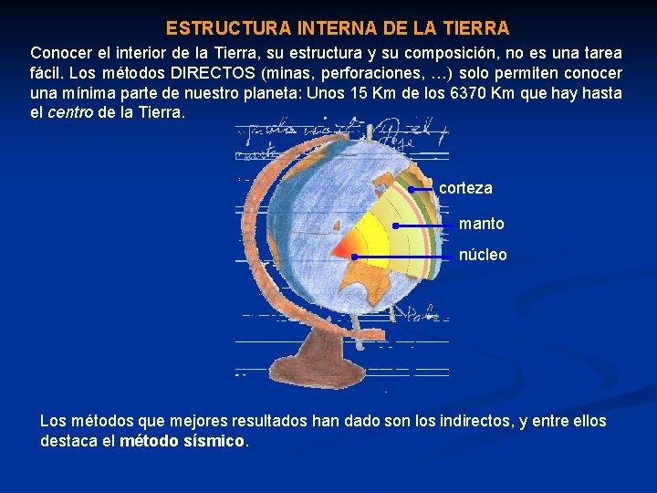 ESTRUCTURA INTERNA DE LA TIERRA Conocer el interior de la Tierra, su estructura y