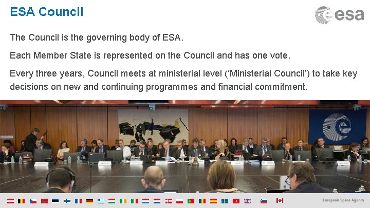 ESA Council The Council is the governing body of ESA. Each Member State is