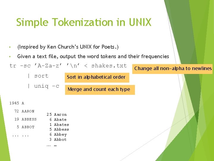 Simple Tokenization in UNIX • (Inspired by Ken Church’s UNIX for Poets. ) •