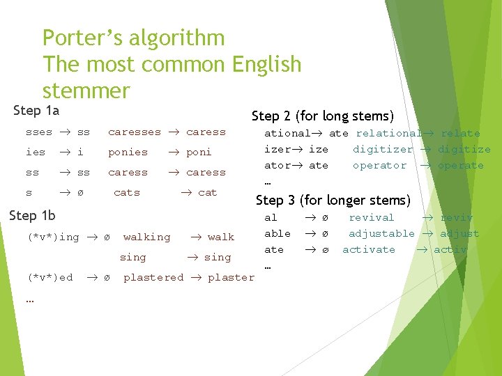 Porter’s algorithm The most common English stemmer Step 1 a Step 2 (for long