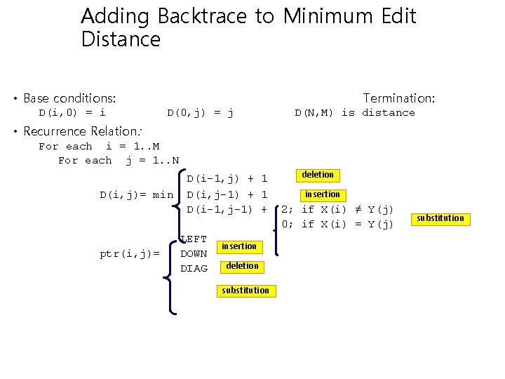 Adding Backtrace to Minimum Edit Distance • Base conditions: D(i, 0) = i Termination:
