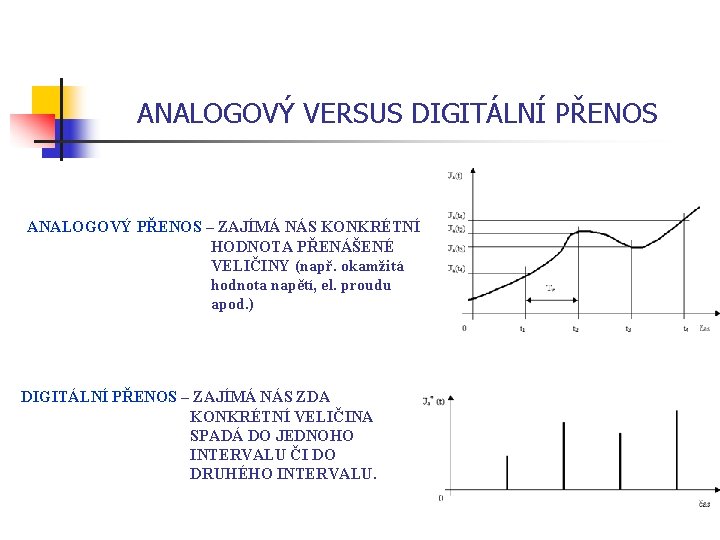 ANALOGOVÝ VERSUS DIGITÁLNÍ PŘENOS ANALOGOVÝ PŘENOS – ZAJÍMÁ NÁS KONKRÉTNÍ HODNOTA PŘENÁŠENÉ VELIČINY (např.