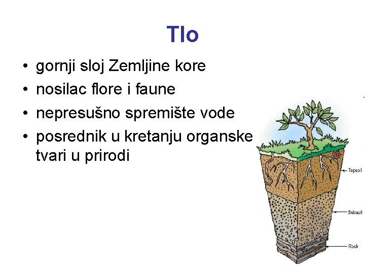 Tlo • • gornji sloj Zemljine kore nosilac flore i faune nepresušno spremište vode