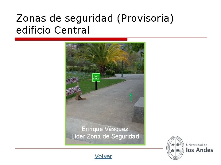 Zonas de seguridad (Provisoria) edificio Central 1 Enrique Vásquez Líder Zona de Seguridad Volver