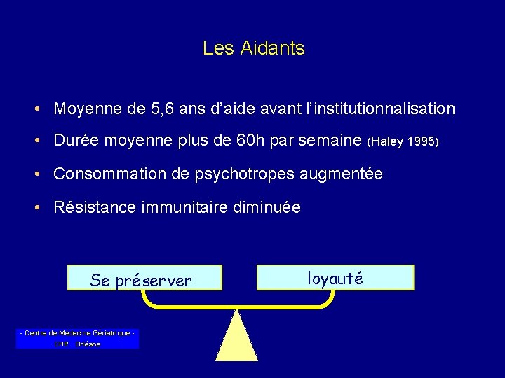 Les Aidants • Moyenne de 5, 6 ans d’aide avant l’institutionnalisation • Durée moyenne