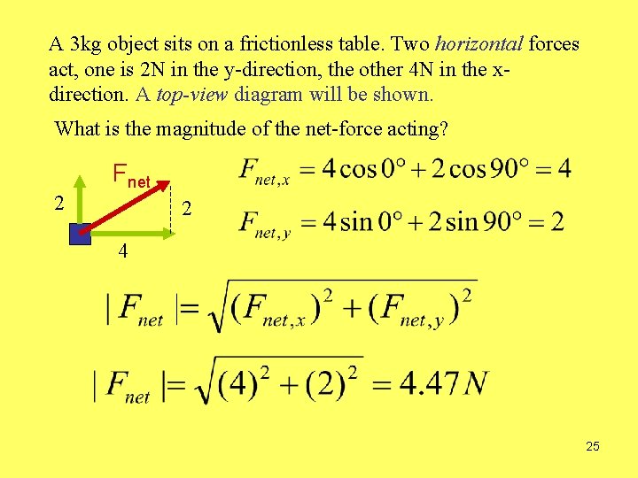 A 3 kg object sits on a frictionless table. Two horizontal forces act, one