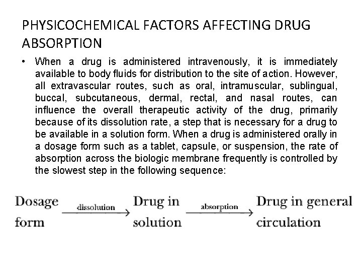 PHYSICOCHEMICAL FACTORS AFFECTING DRUG ABSORPTION • When a drug is administered intravenously, it is
