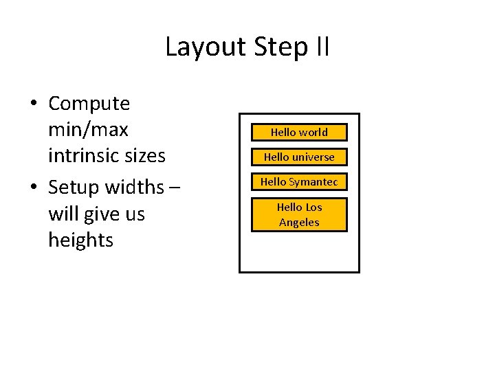Layout Step II • Compute min/max intrinsic sizes • Setup widths – will give