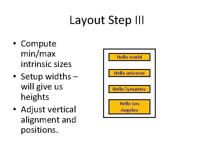 Layout Step III • Compute min/max intrinsic sizes • Setup widths – will give