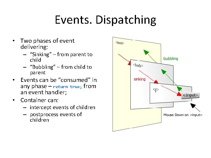 Events. Dispatching • Two phases of event delivering: – “Sinking” – from parent to