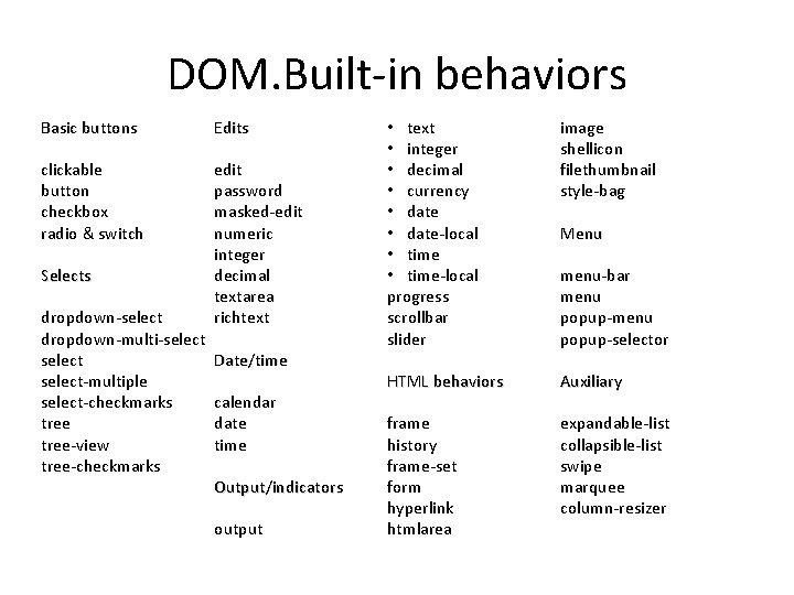 DOM. Built-in behaviors Basic buttons Edits clickable button checkbox radio & switch edit password