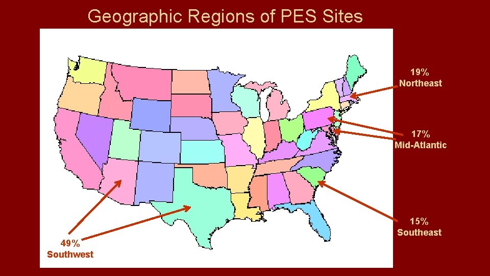 Geographic Regions of PES Sites 19% Northeast 17% Mid-Atlantic 49% Southwest 15% Southeast 