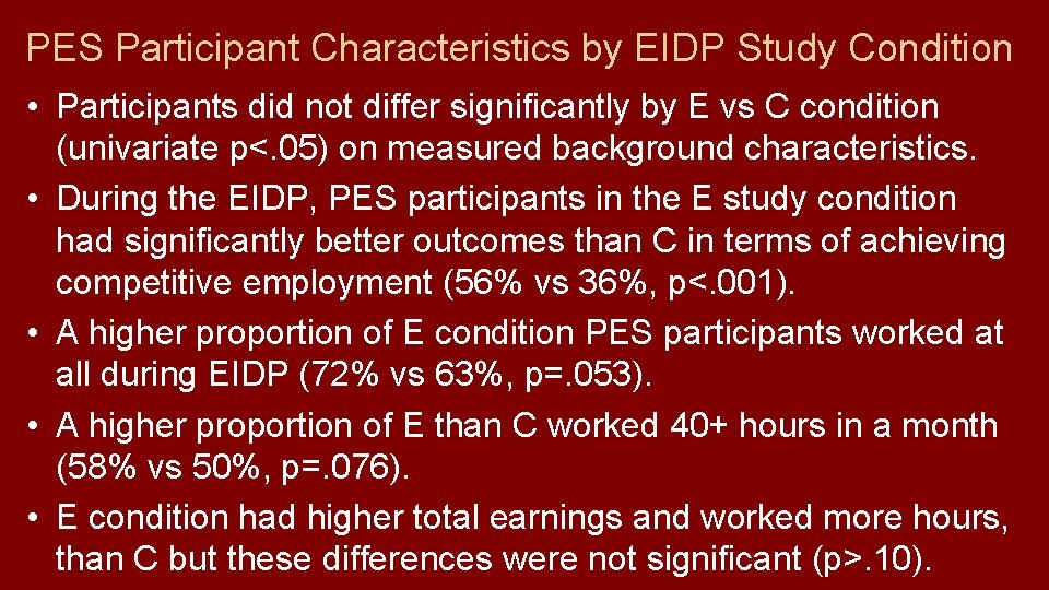 PES Participant Characteristics by EIDP Study Condition • Participants did not differ significantly by