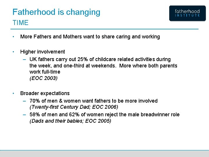 Fatherhood is changing TIME • More Fathers and Mothers want to share caring and