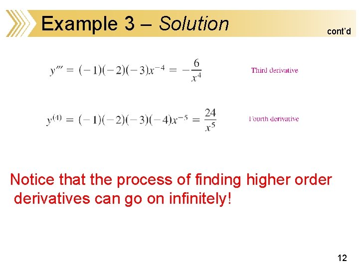 Example 3 – Solution cont’d Notice that the process of finding higher order derivatives